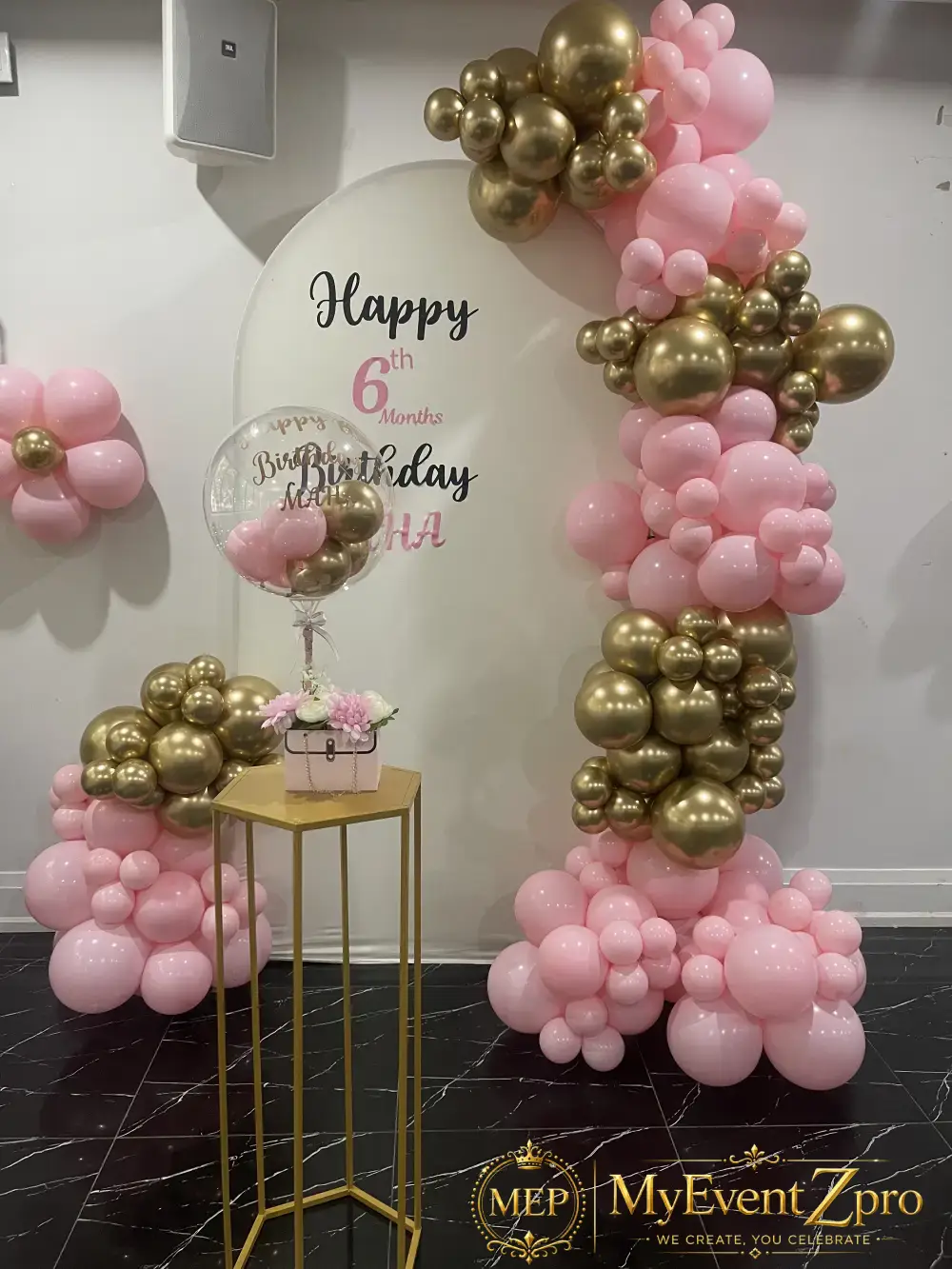 Blush Pink & Gold Balloon Backdrop Arch Setup