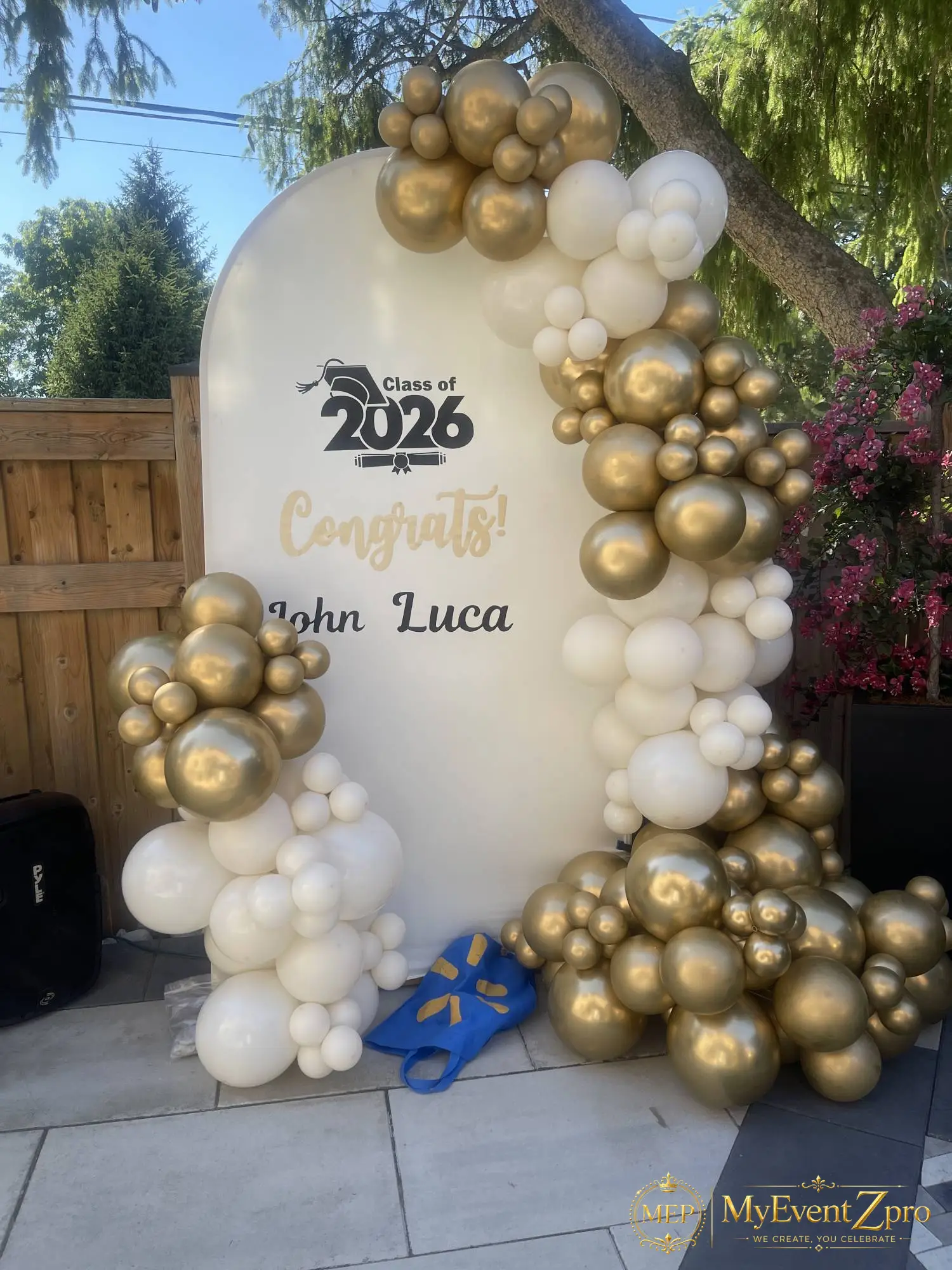 Elegant White & Gold Graduation Balloon Backdrop Arch