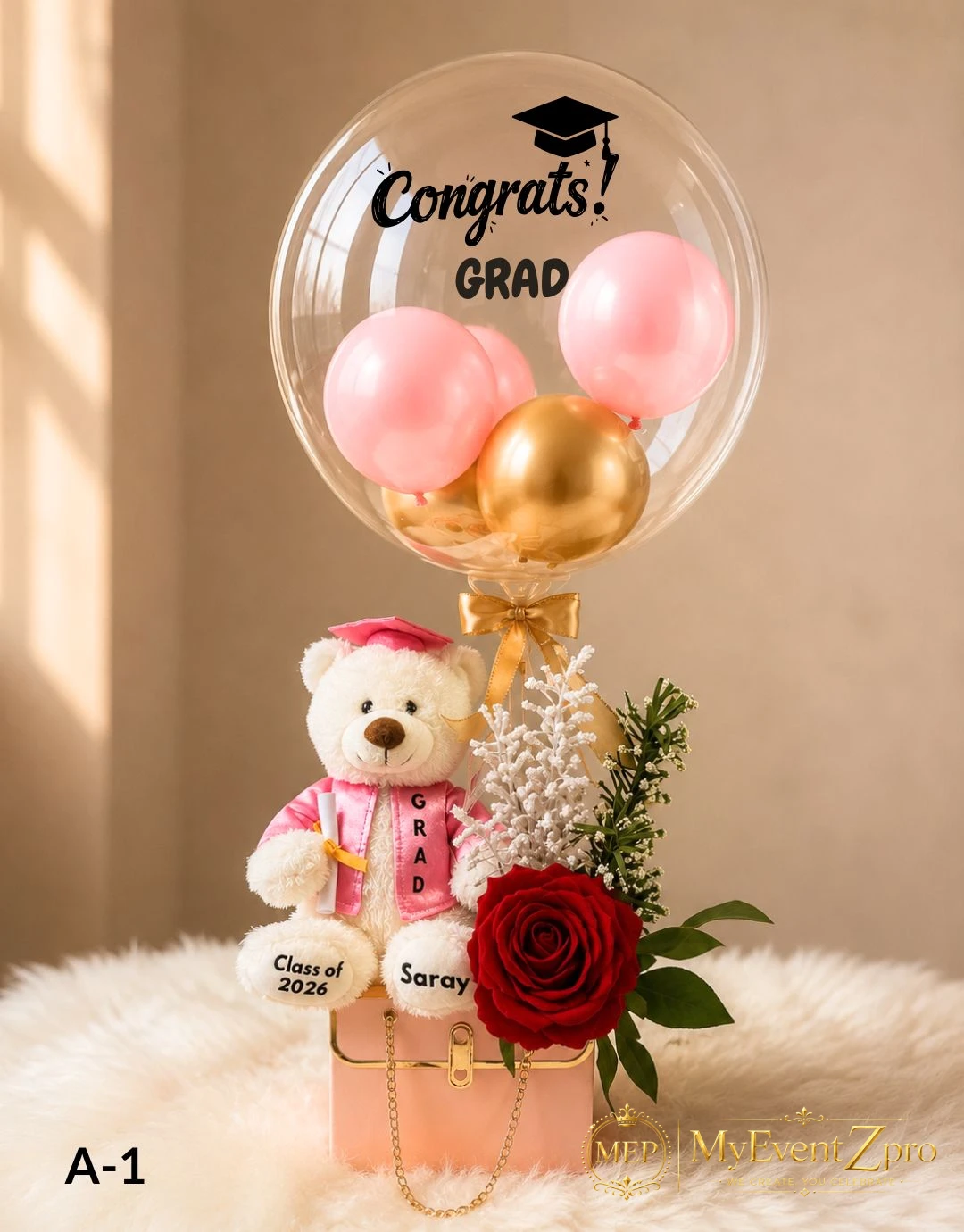Graduation Pink Teddy Balloon Box Bouquet