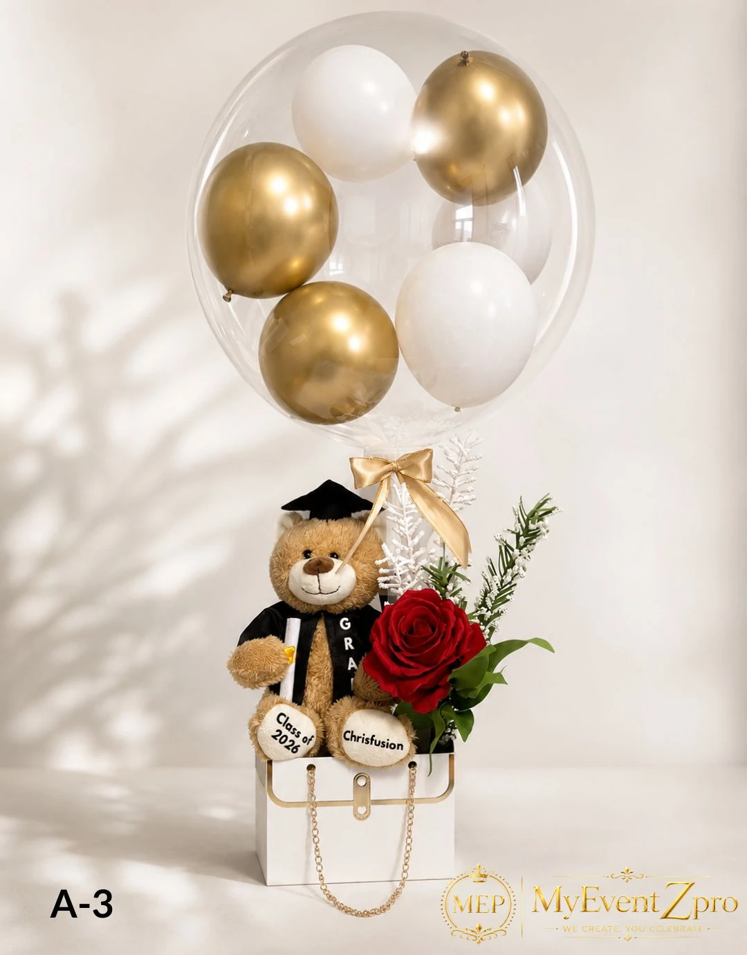 Personalized Graduation Teddy Balloon Gift Box with Rose & Bubble Balloon