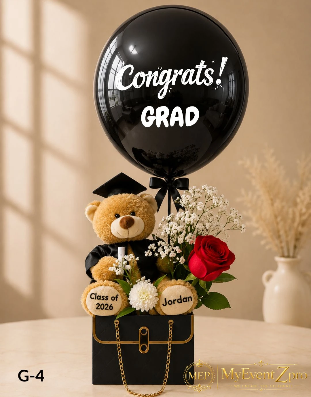 Personalized Graduation Teddy Bear with Black Congrats Balloon