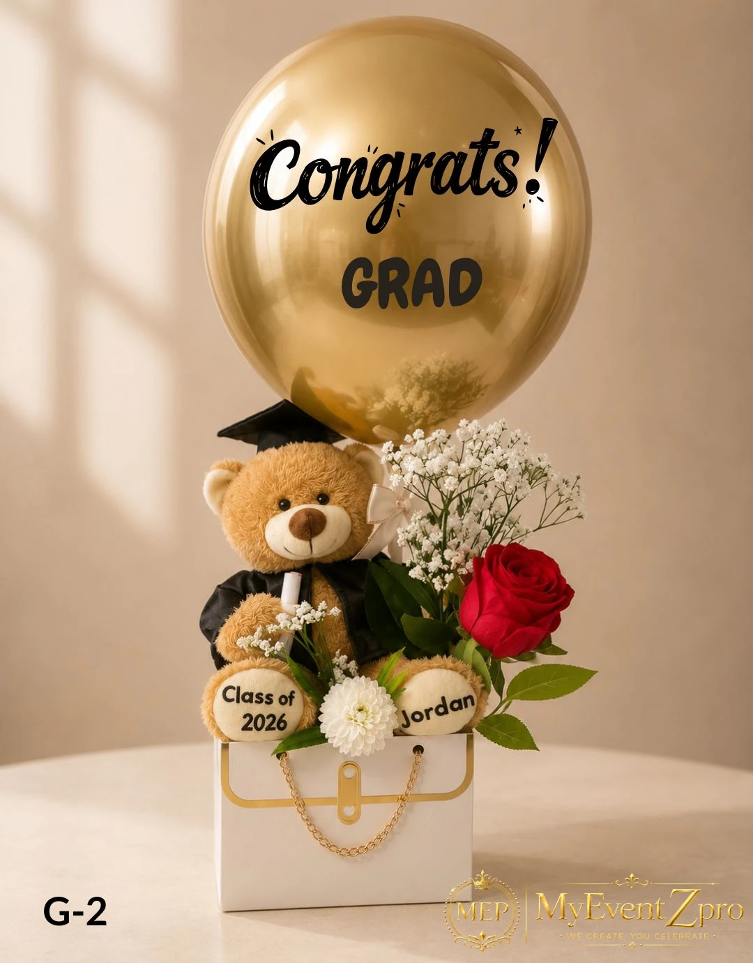 Personalized Graduation Teddy Bear with Gold Congrats Balloon