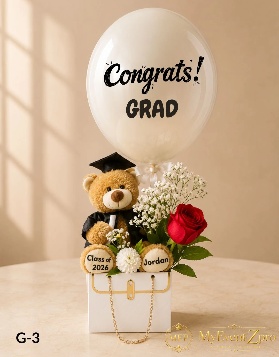 Personalized Graduation Teddy Bear with Pink Congrats Balloon
