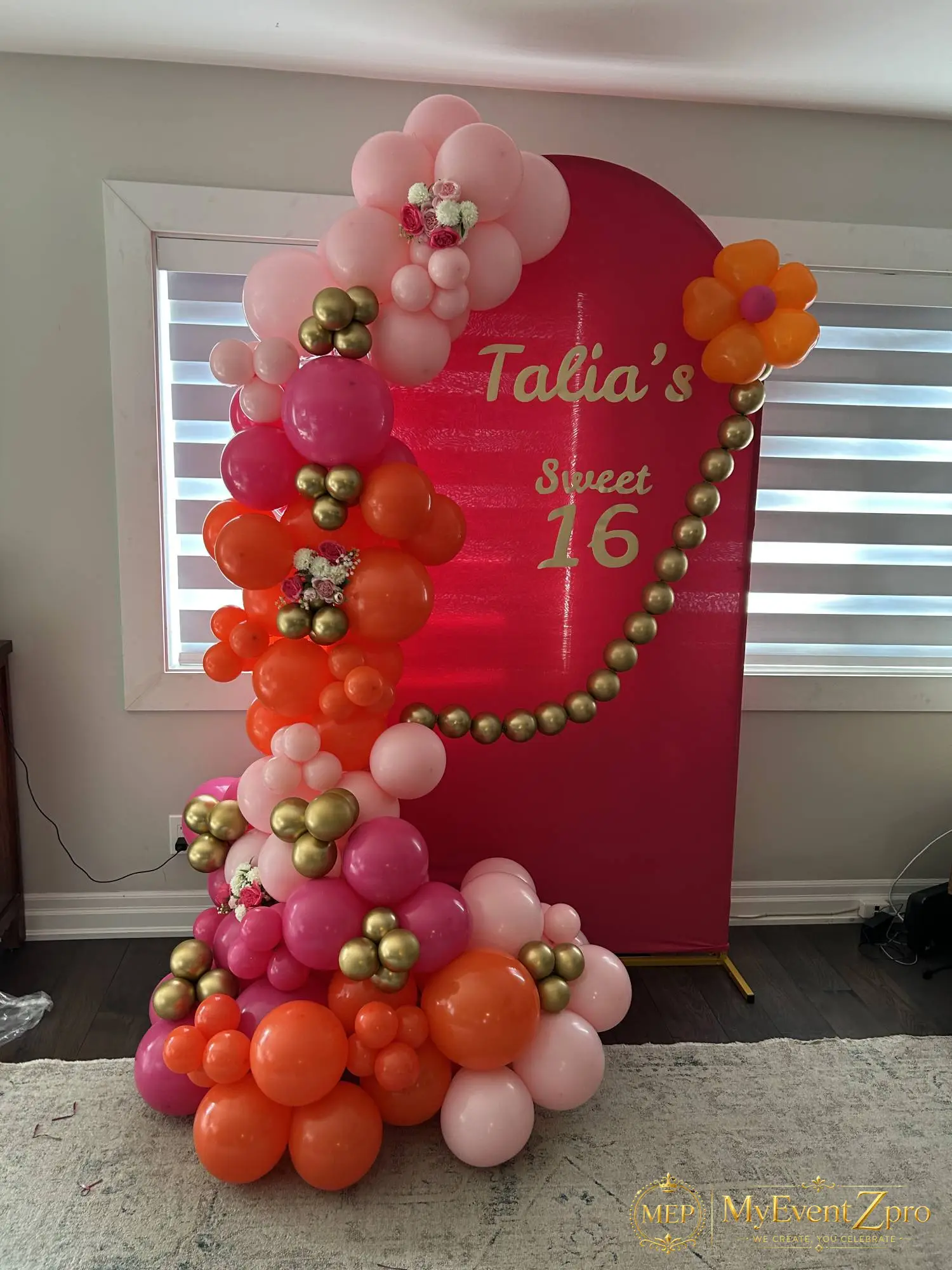 Sweet 16 Pink & Orange Floral Balloon Backdrop Arch