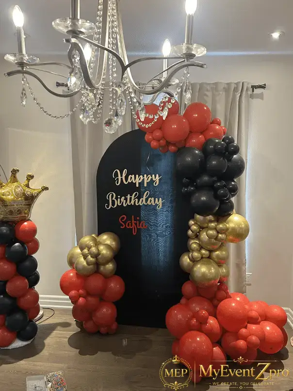 Regal Red, Black & Gold Crown Theme Balloon Backdrop Setup