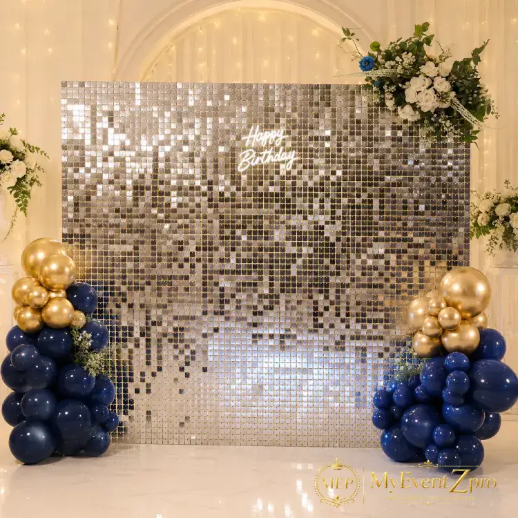 Custom Silver Sequin Shimmer Wall Backdrop with LED Neon Sign