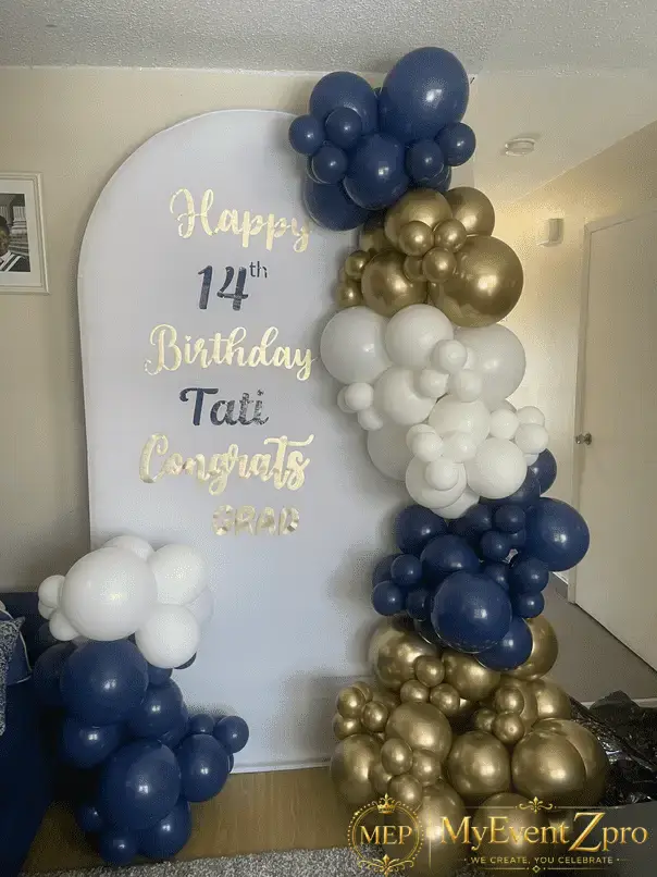 Elegant Navy & Gold Balloon Backdrop Arch Setup