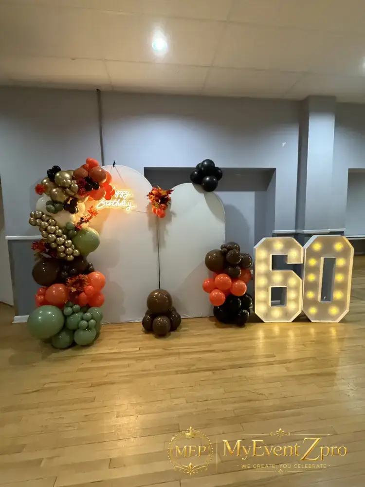 Elegant Autumn Dual-Arch Backdrop & Milestone LED Marquee Setup