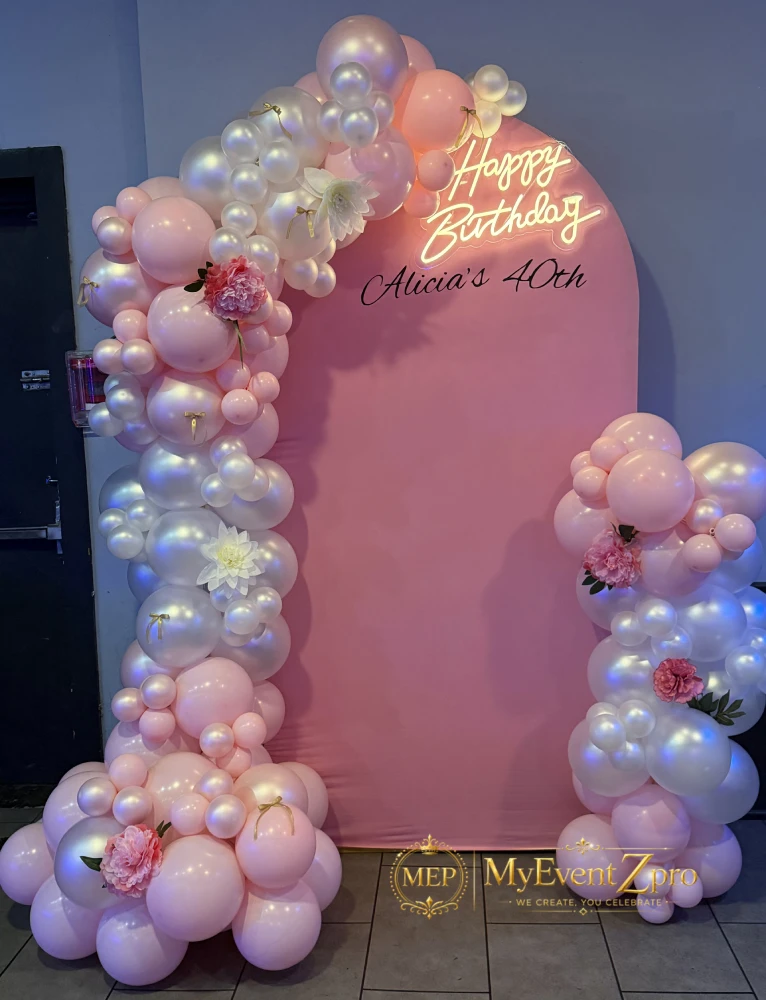 Elegant Pink Floral Balloon Garland & Custom Backdrop for 40th Birthday