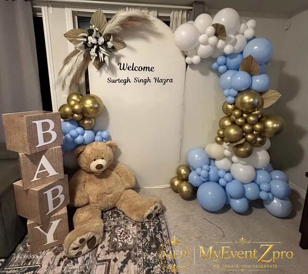 Elegant Teddy Bear & Pampas Baby Welcome Home Balloon & Backdrop Setup