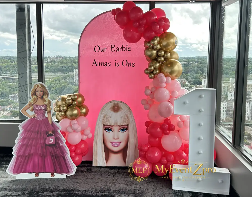 Glamorous Barbie Theme 1st Birthday Balloon Arch & Marquee Setup