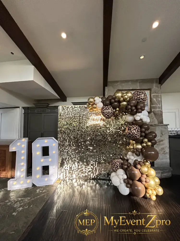 Glamorous Gold Shimmer & Leopard Print 18th Birthday Balloon Backdrop Setup