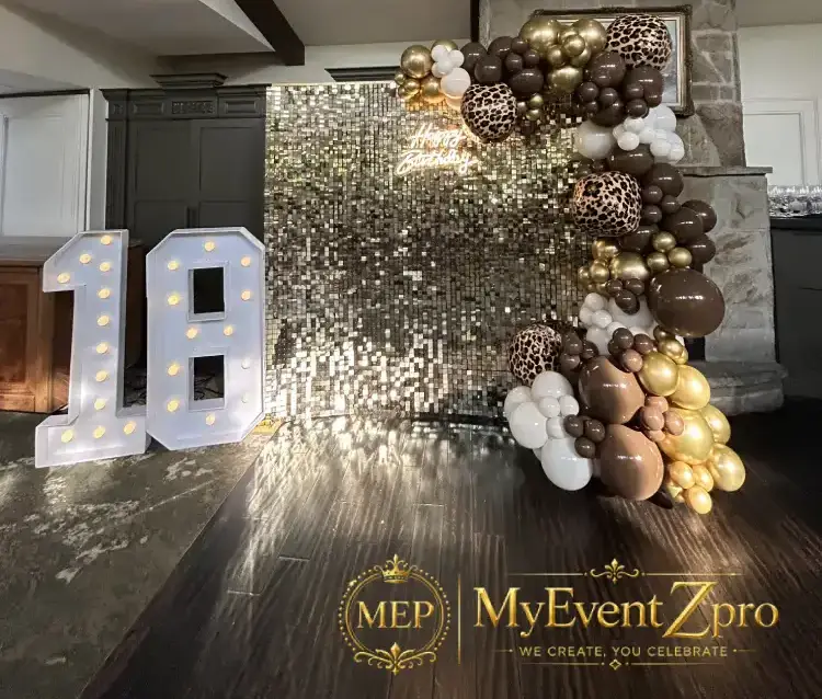 Glamorous Gold Shimmer & Leopard Print 18th Birthday Balloon Backdrop Setup
