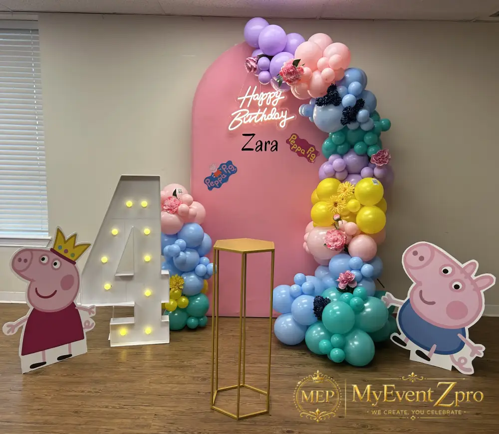 Magical Peppa Pig Theme 4th Birthday Balloon Arch & Marquee Setup