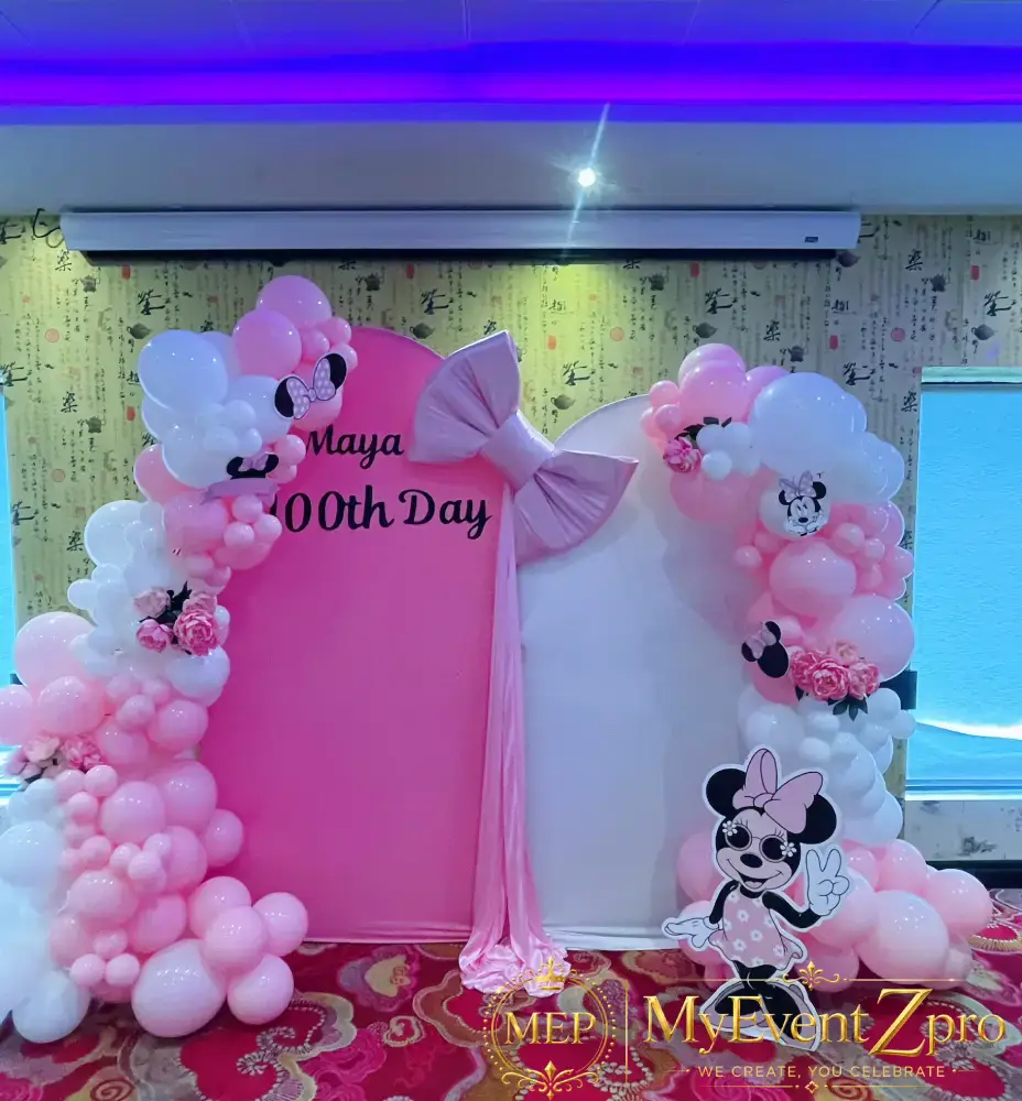 Minnie Mouse Themed 100th Day Celebration Balloon & Backdrop Setup