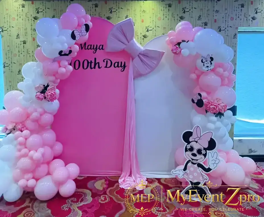 Minnie Mouse Themed 100th Day Celebration Balloon & Backdrop Setup