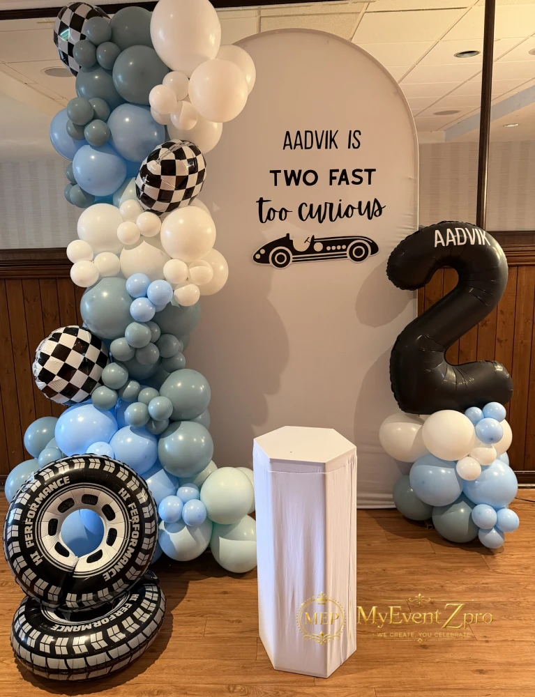 Racing Theme Balloon Garland & Custom Arch Setup for Aadvik’s 2nd Birthday