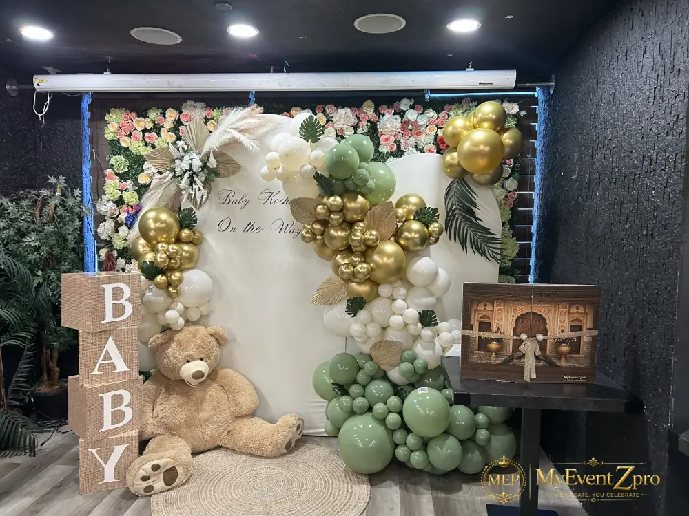 Sage Green Teddy Bear & Pampas Baby Shower Balloon & Backdrop Setup