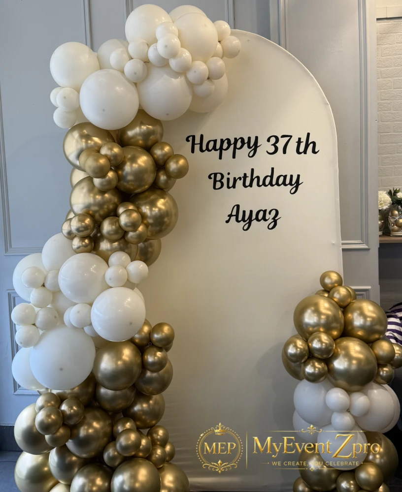 Sophisticated Gold Cream Organic Balloon Garland with Custom Arch for Ayazs 37th Birthday