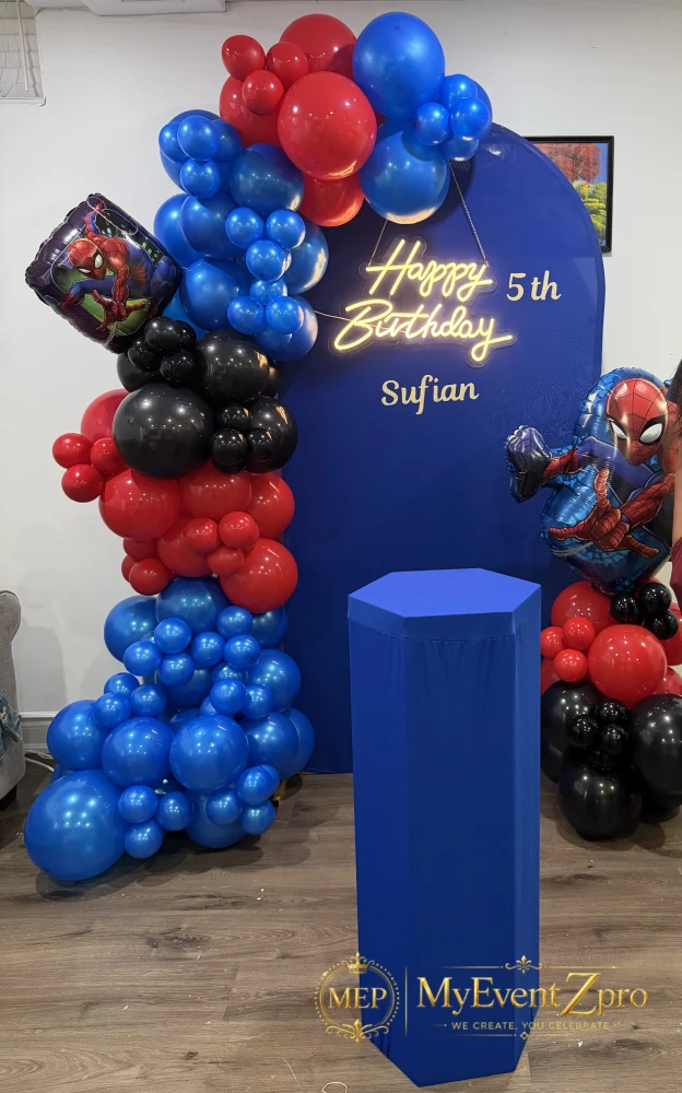 Action-Packed Spider-Man Theme Balloon Garland & Custom Arch Setup for Sufian’s 5th Birthday