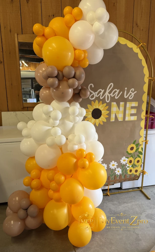 Vibrant Sunflower Theme 1st Birthday Balloon Arch & Custom Backdrop Setup