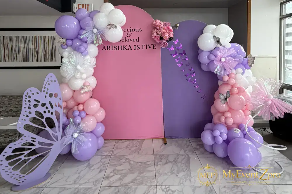 Whimsical Butterfly Dual-Arch Backdrop & Pastel Balloon Garland Setup