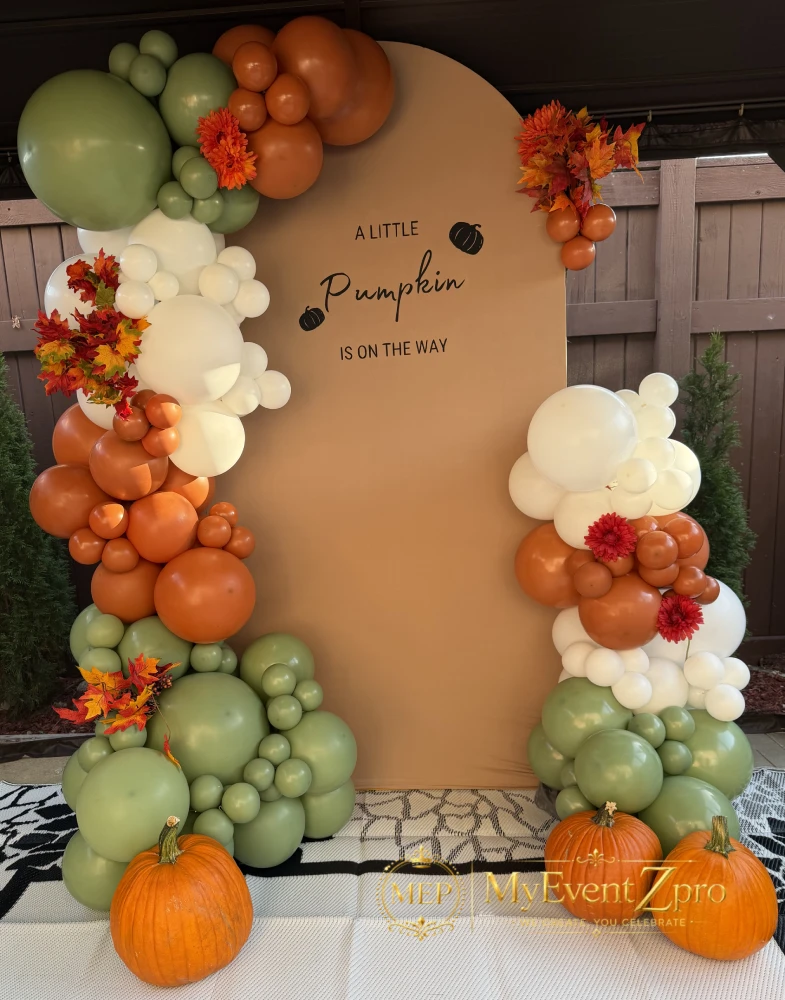 fall pumpkin theme balloon arch baby shower at brampton