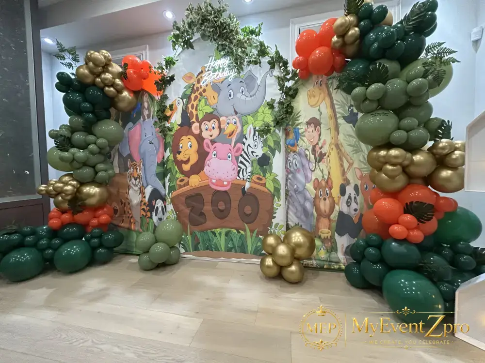 Jungle Safari Zoo 2nd Birthday Balloon & Backdrop Setup