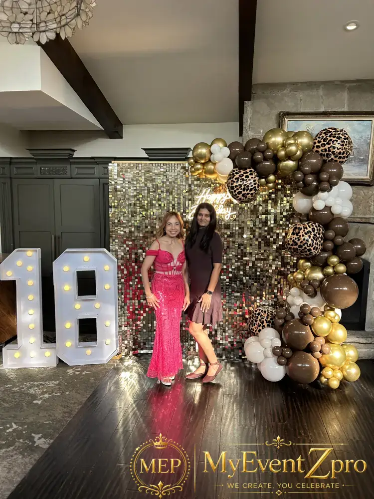 Glamorous Gold Shimmer & Leopard Print 18th Birthday Balloon Backdrop Setup
