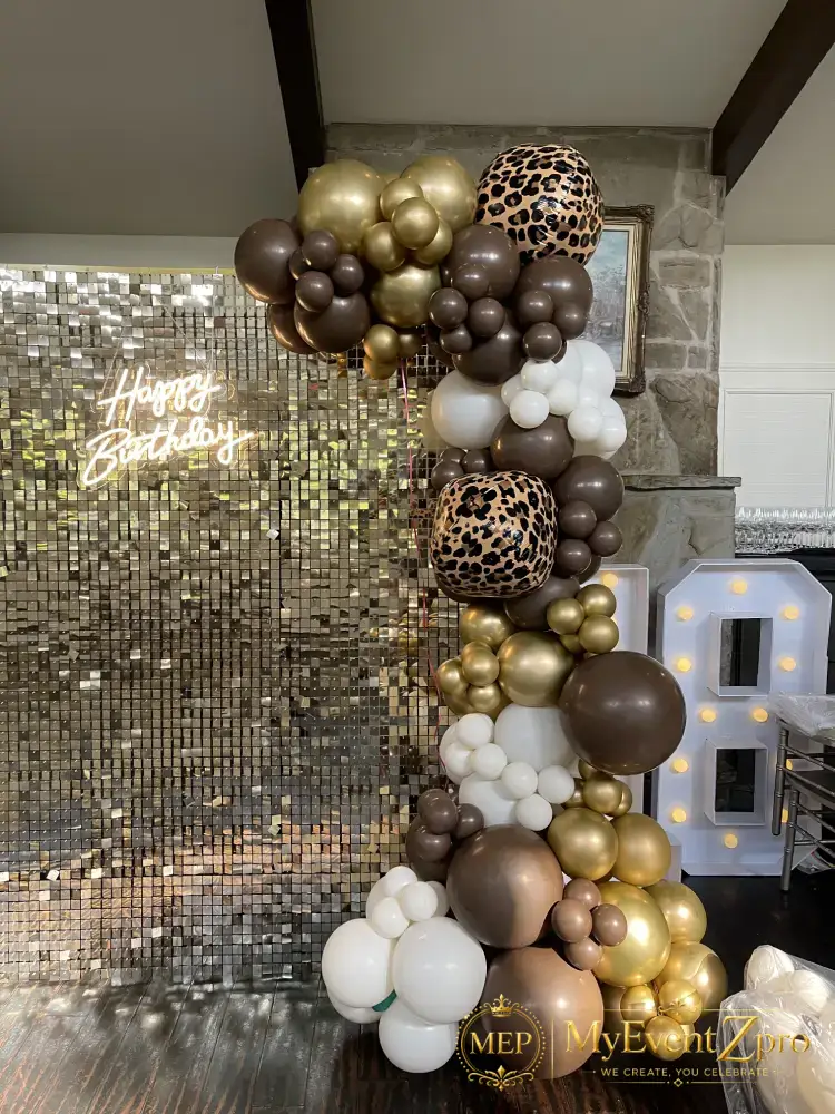 Glamorous Gold Shimmer & Leopard Print 18th Birthday Balloon Backdrop Setup