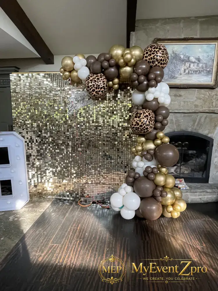 Glamorous Gold Shimmer & Leopard Print 18th Birthday Balloon Backdrop Setup