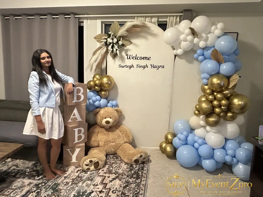 Elegant Teddy Bear & Pampas Baby Welcome Home Balloon & Backdrop Setup