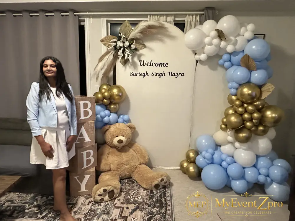 Elegant Teddy Bear & Pampas Baby Welcome Home Balloon & Backdrop Setup