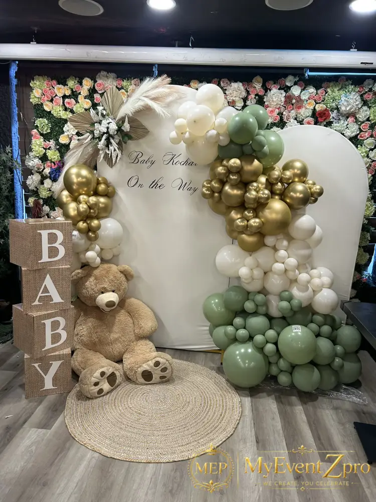 Sage Green Teddy Bear & Pampas Baby Shower Balloon & Backdrop Setup