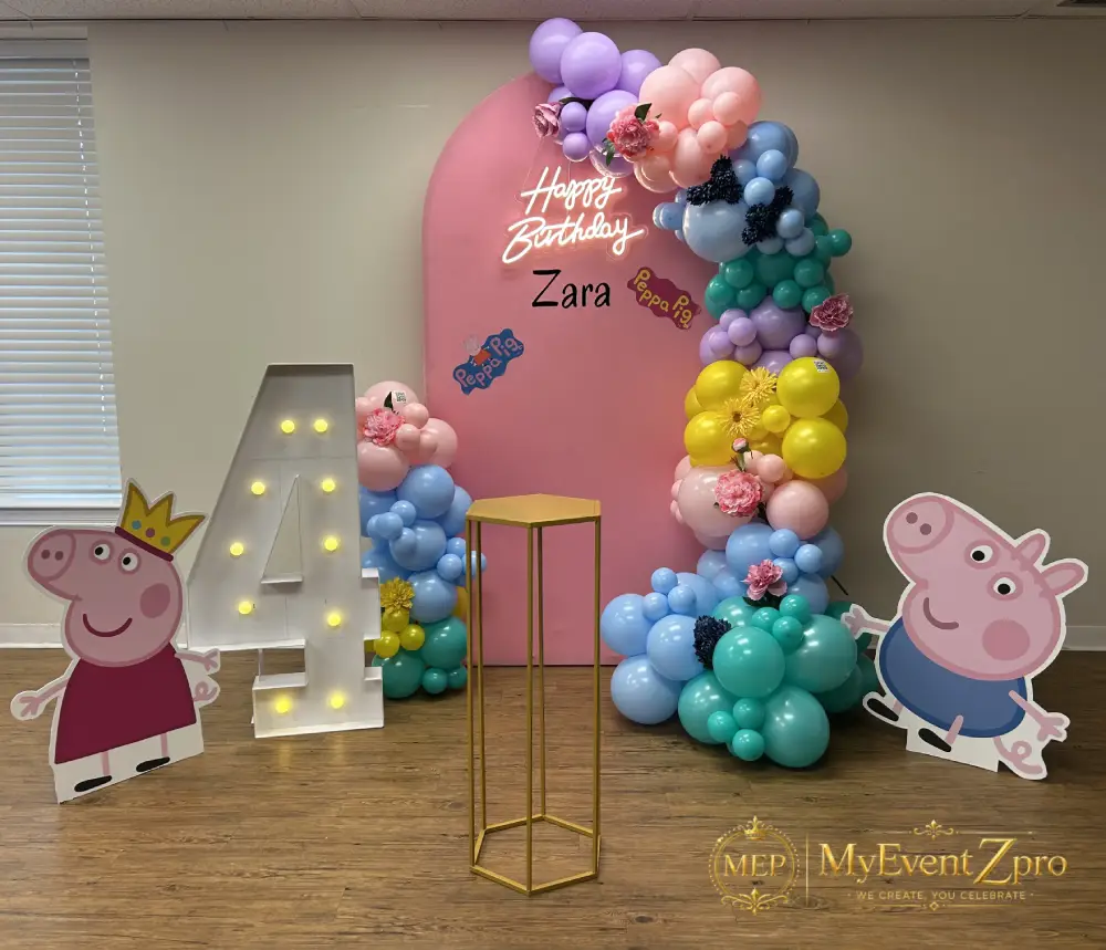 Magical Peppa Pig Theme 4th Birthday Balloon Arch & Marquee Setup