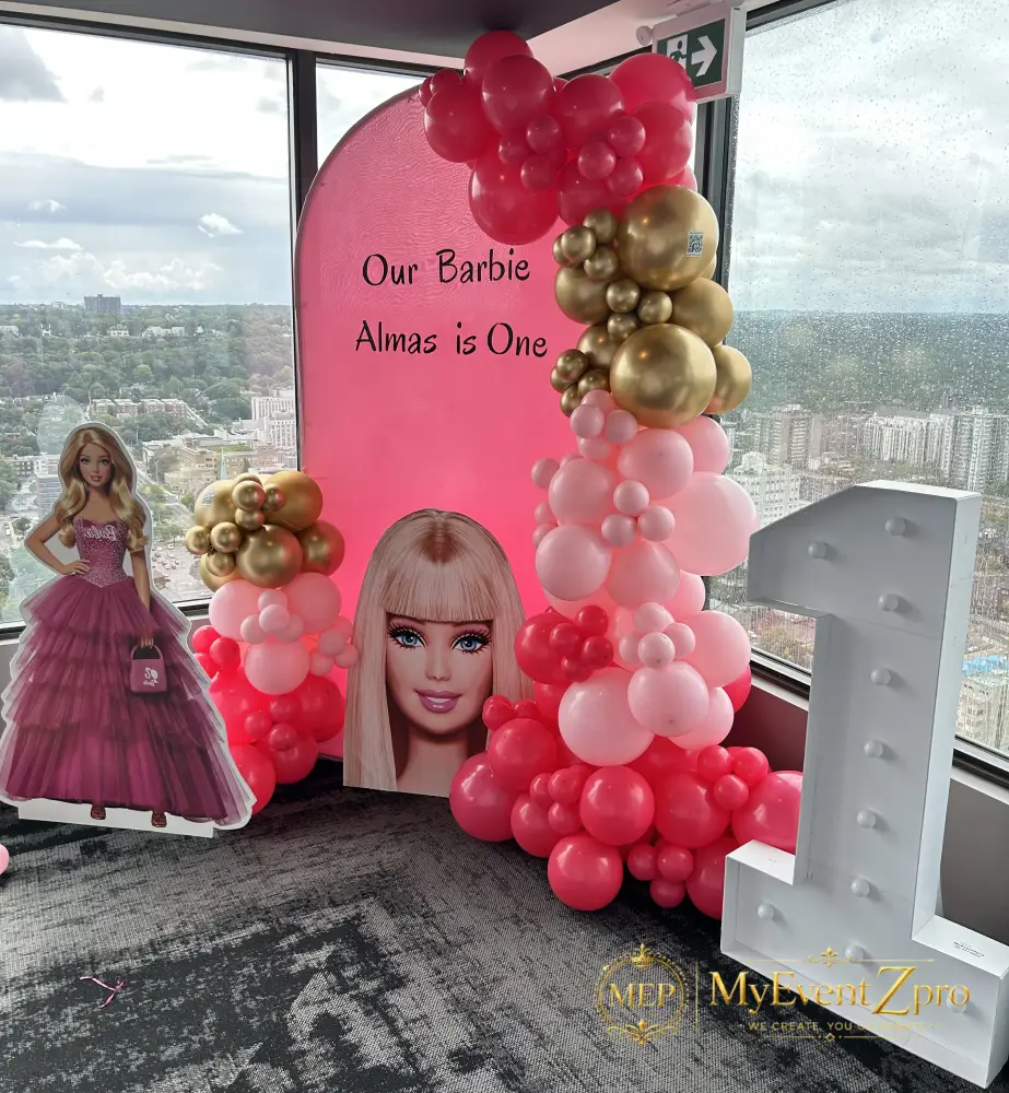 Glamorous Barbie Theme 1st Birthday Balloon Arch & Marquee Setup