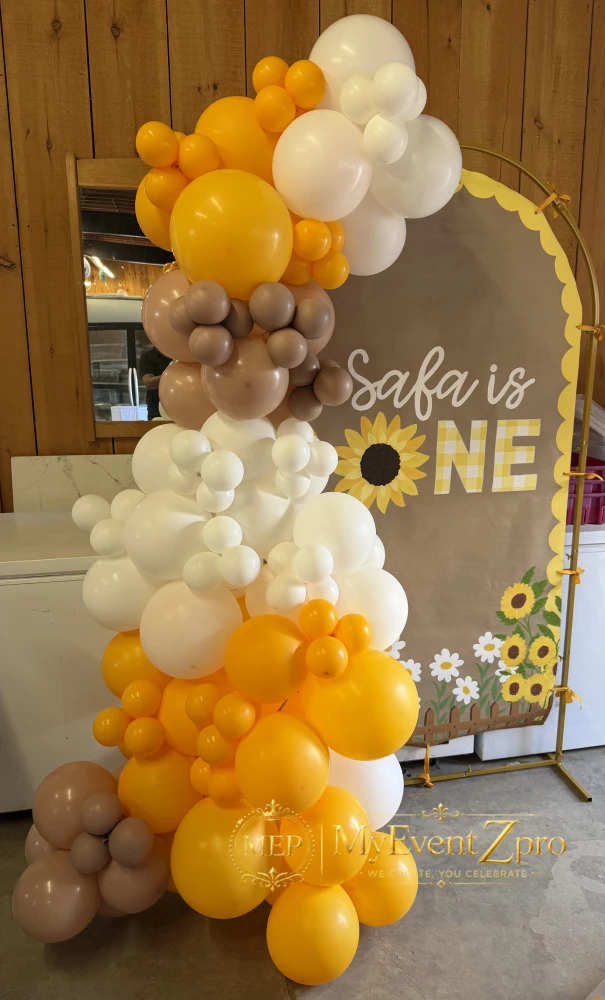 Vibrant Sunflower Theme 1st Birthday Balloon Arch & Custom Backdrop Setup