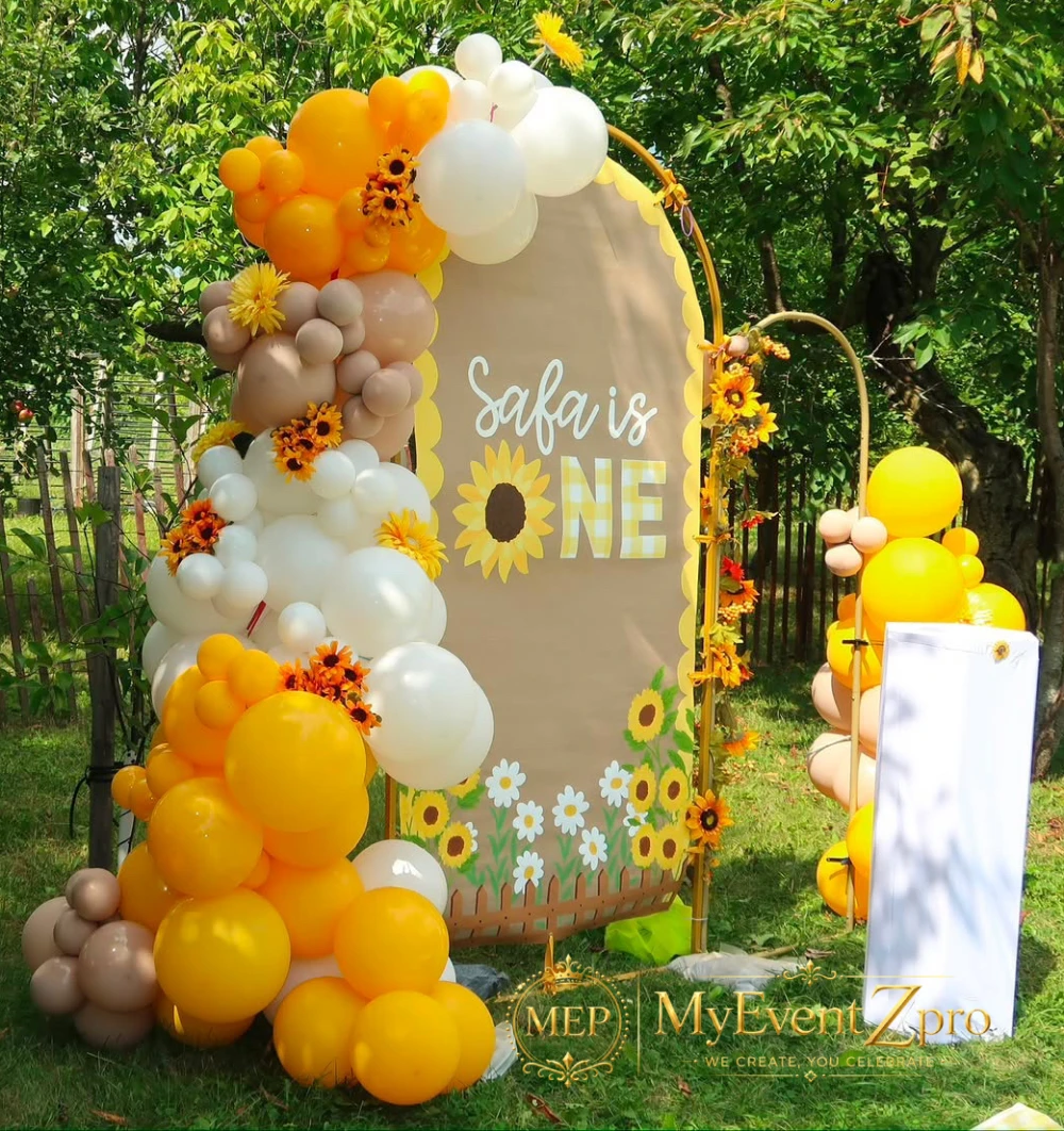 Vibrant Sunflower Theme 1st Birthday Balloon Arch & Custom Backdrop Setup