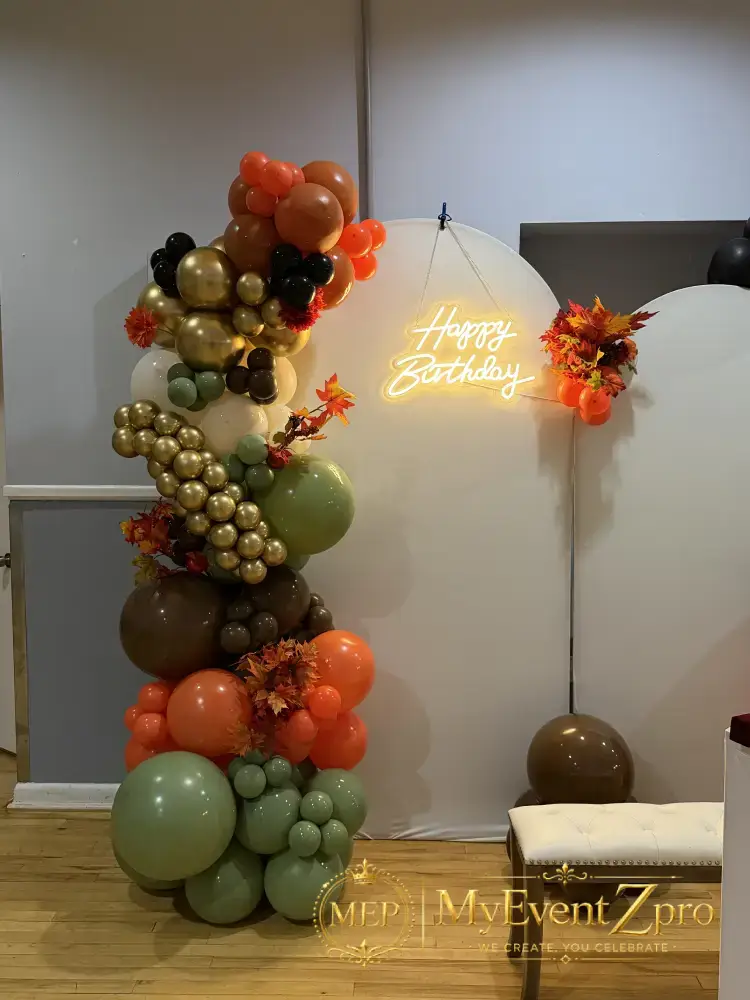 Elegant Autumn Dual-Arch Backdrop & Milestone LED Marquee Setup