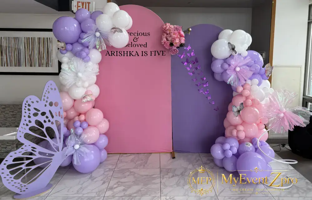 Whimsical Butterfly Dual-Arch Backdrop & Pastel Balloon Garland Setup