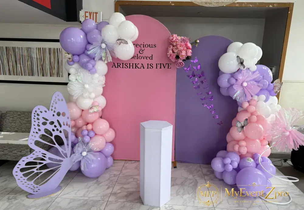 Whimsical Butterfly Dual-Arch Backdrop & Pastel Balloon Garland Setup