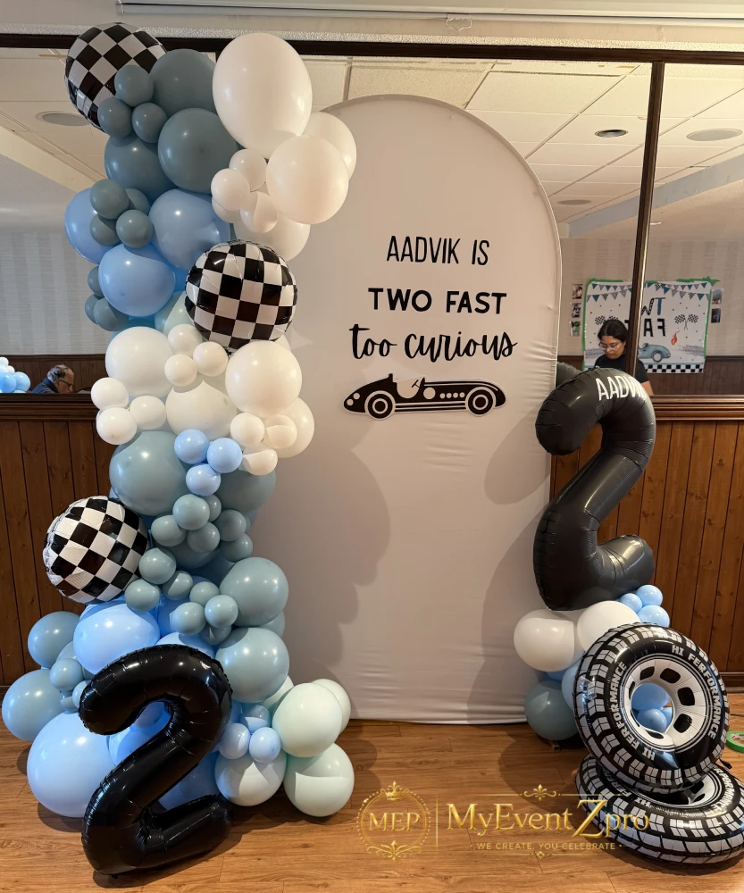 Racing Theme Balloon Garland & Custom Arch Setup for Aadvik’s 2nd Birthday