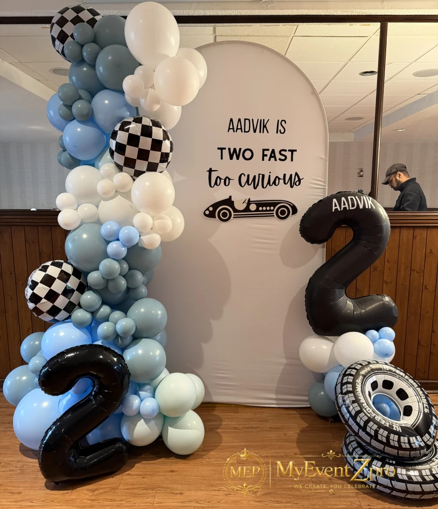 Racing Theme Balloon Garland & Custom Arch Setup for Aadvik’s 2nd Birthday