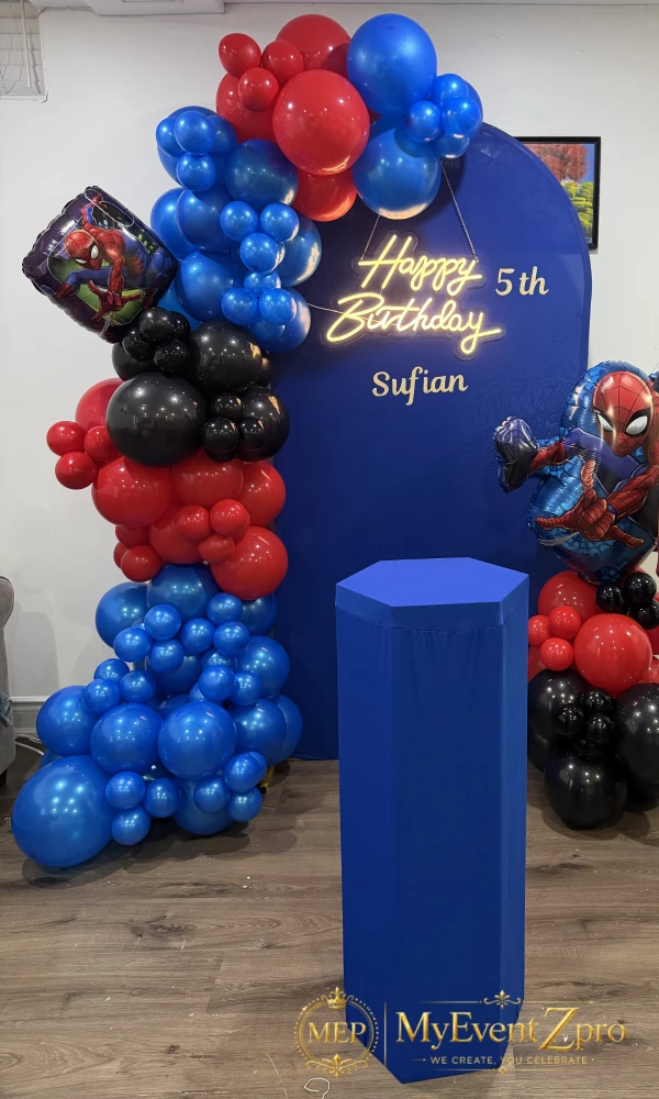 Action-Packed Spider-Man Theme Balloon Garland & Custom Arch Setup for Sufian’s 5th Birthday