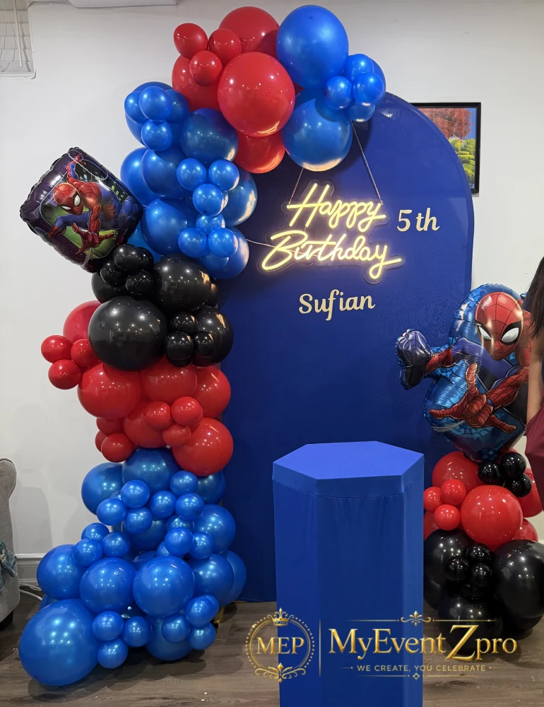 Action-Packed Spider-Man Theme Balloon Garland & Custom Arch Setup for Sufian’s 5th Birthday