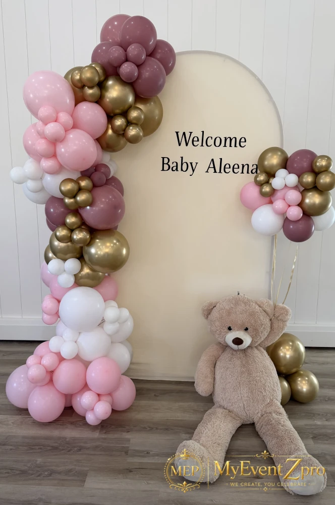 elegant pink gold teddy bear balloon arch baby shower at waterdown
