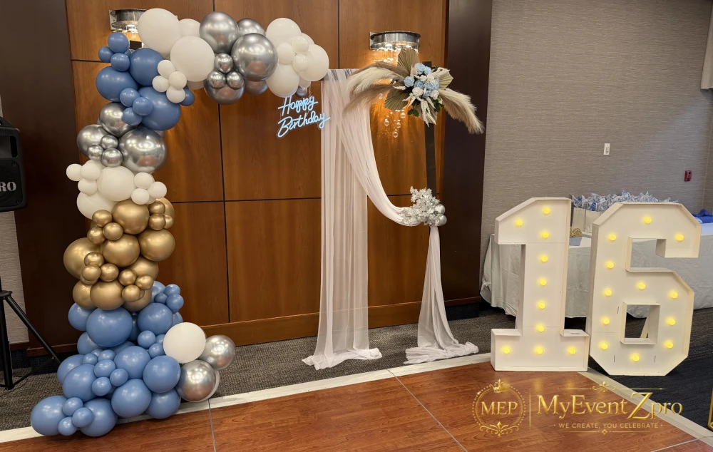 slate-blue-gold-16th-birthday-balloon-arch-hamilton