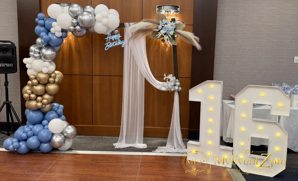 slate-blue-gold-16th-birthday-balloon-arch-hamilton