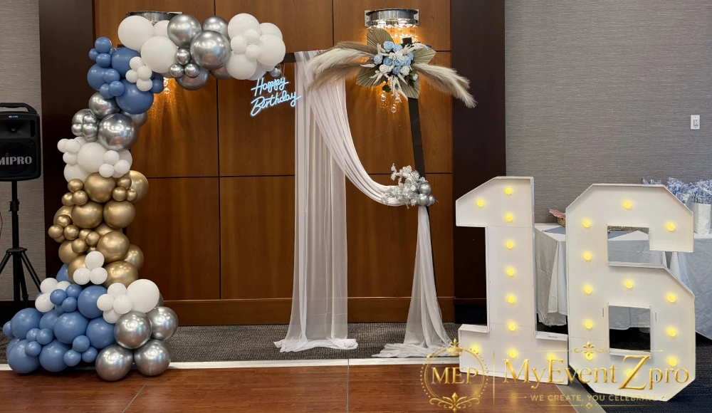 slate-blue-gold-16th-birthday-balloon-arch-hamilton