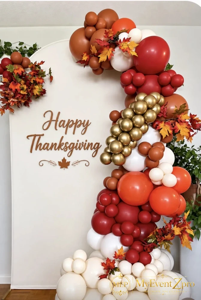 Happy Thanksgiving Autumn Balloon Backdrop Arch with Fall Foliage